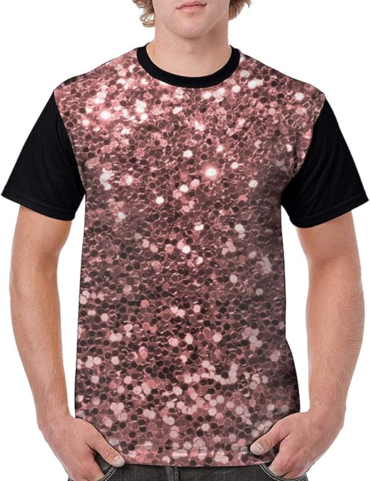 Glam Rose Gold Pink Faux Glitter Print Man's T-Shirt Men's Funny T-Shirt 100% Cotton Tee Black 