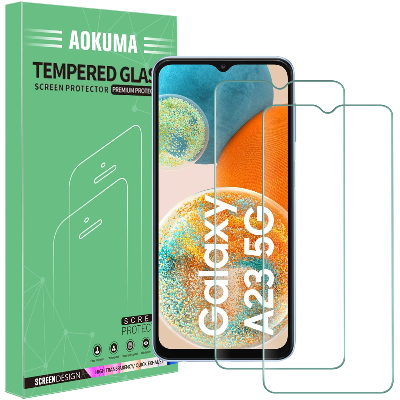 AOKUMA Tempered Glass for Samsung Galaxy A23 4G/5G/A32 5G Screen Protector, [2 Pack] Premium Quality Guard Film, Case Friendly, Shatterproof, Shockproof, Scratchproof oilproof