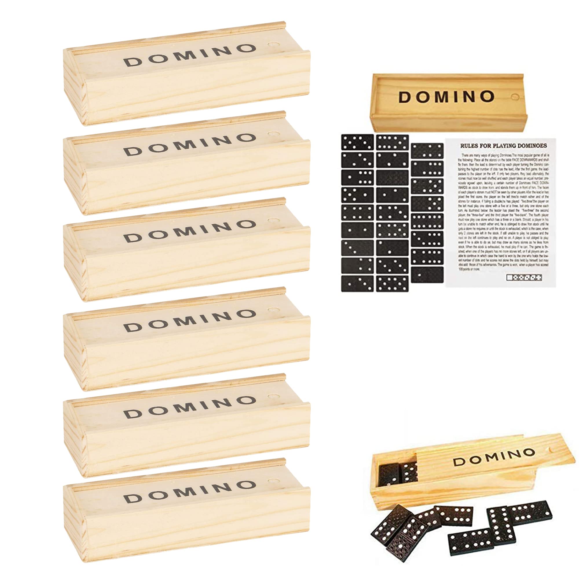 D.A.Y. Republic 6 Pack 28pc Double Six Classic Retro Domino Game, Traditional Set in Wooden Case, Educational Travel Sized Toy, Kids Matching Game