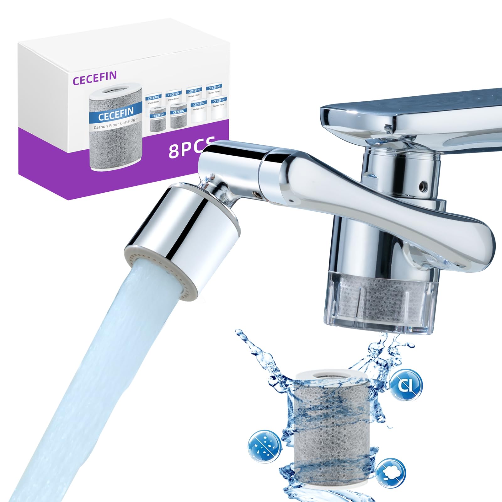 Photo 1 of CECEFIN Water-Filter for Sink-Faucet Extender-Aerator - 9pcs Cartridges Reduce Chlorine for Bathroom/Kitchen Skin Face Eye Wash,Brass Faucet Mount Purifier System,1080°Rotating 2-Mode Swivel Aerator