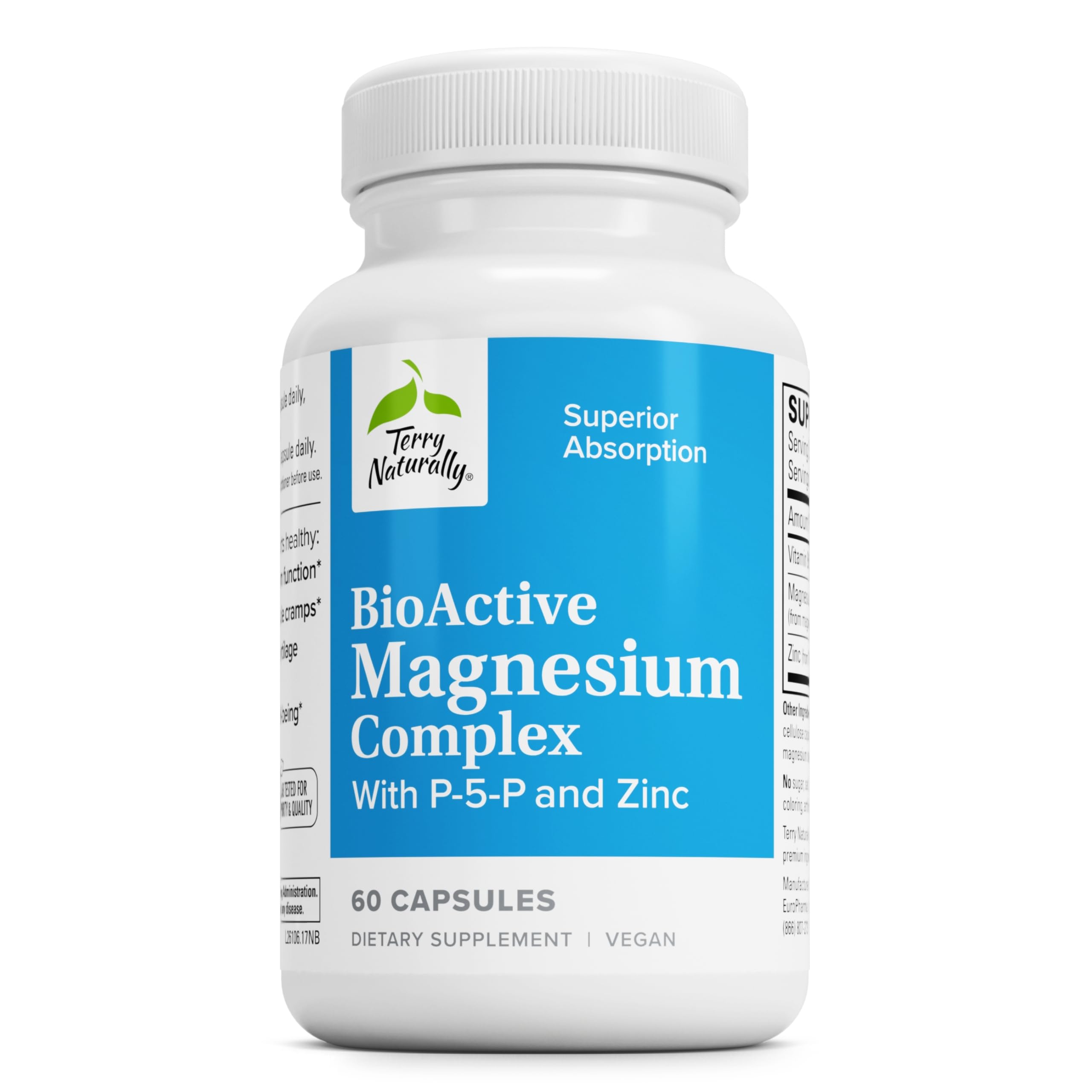 Terry Naturally BioActive Magnesium Complex - Bone & Heart Health Support - Supplement with Vitamin B6, Zinc & Magnesium - Pyridoxal-5-Phosphate Vegan Capsule Supplement - 60 Capsules