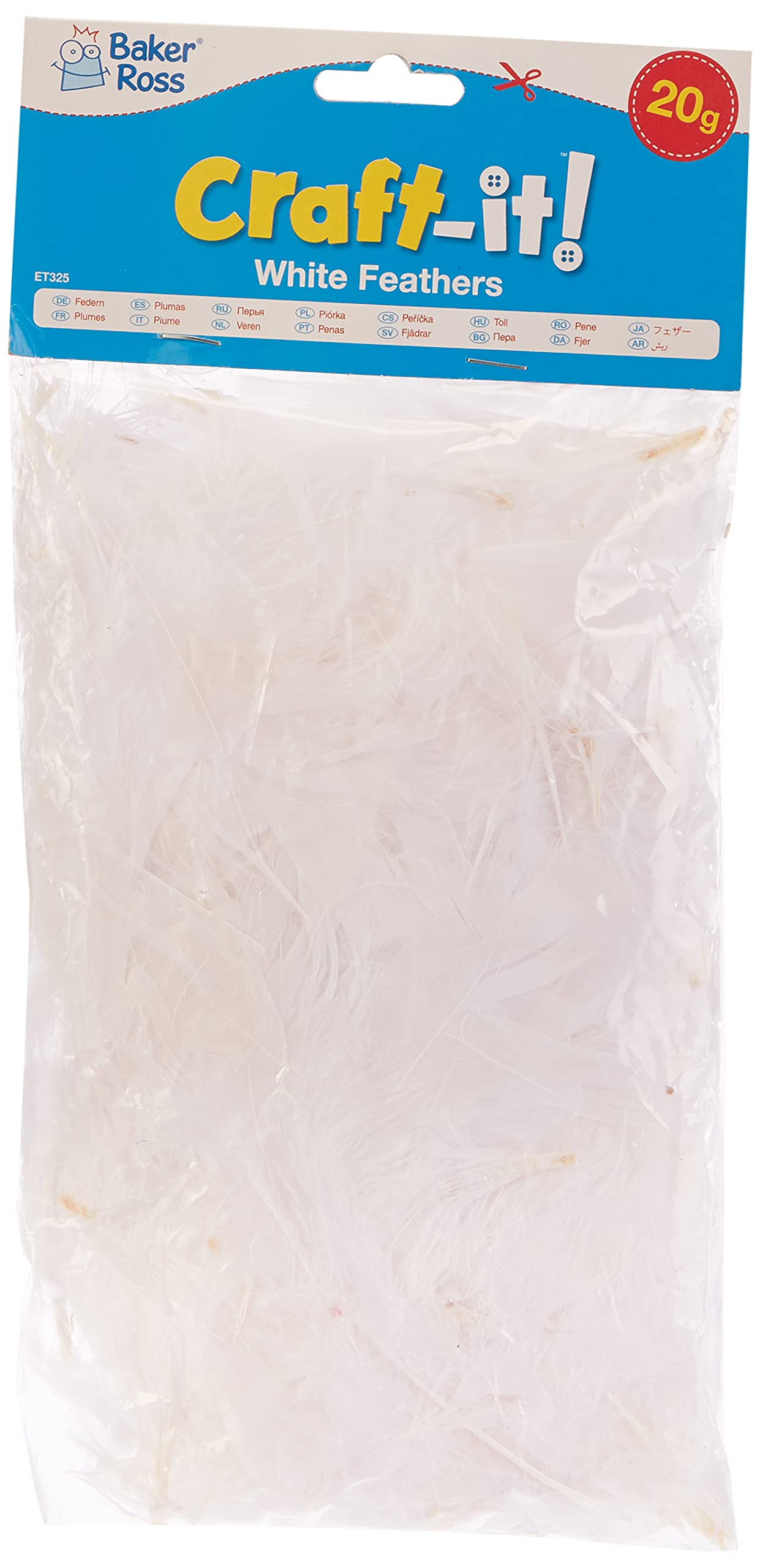 Baker Ross ET325 White Feathers - Bag of 20g, For Kids To Decorate, Arts and Crafts