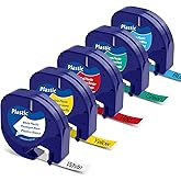 COLORTY Replacement for Dymo Label Maker Refills Plastic Label Tape 12mm x 4m Compatible with Dymo LetraTag LT-100H LT-100T QX50 200B 2000, 91331 91332 91333 91334 91335, 1/2" x 13', 5 Pack