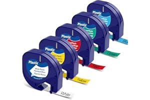 COLORTY Replacement for Dymo Label Maker Refills LetraTag Plastic Label Tape Compatible with Dymo LetraTag LT-100H LT-100T QX50 200B 2000, 91331 91332 91333 91334 91335, 12mm x 4m 1/2" x 13', 5 Pack