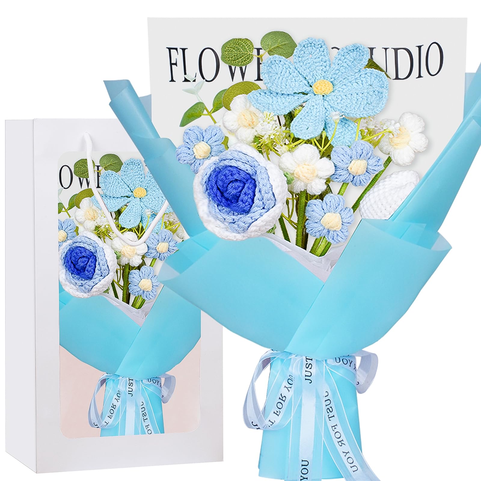 janeunique Handmade Light Blue Crochet Flower Bouquet, Knitted Artificial Daisies & Roses - Calming Gifts for Women, Colleague, Friend - Allergy-Free Home Office Decor & Thinking of You Keepsake