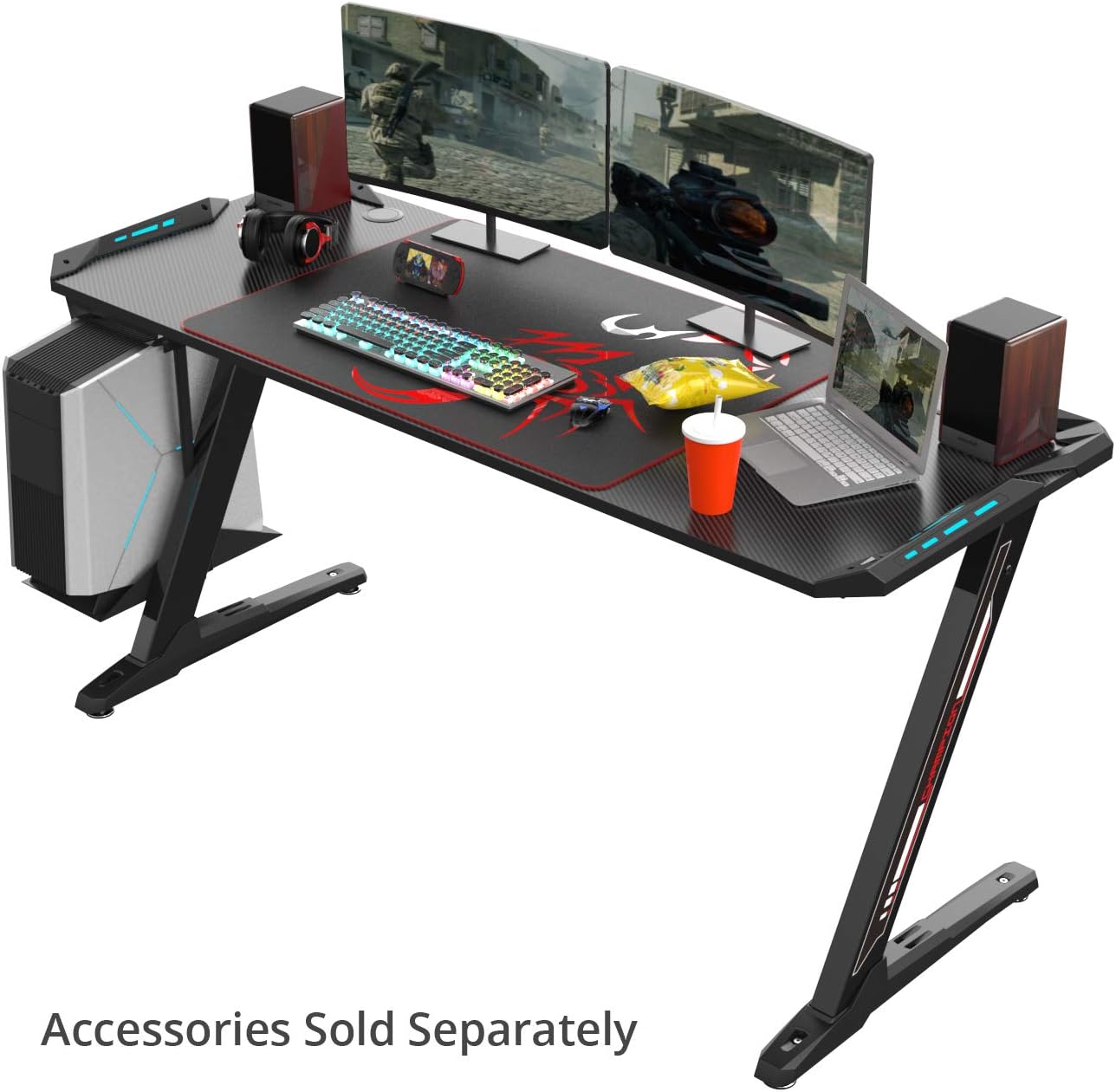 EUREKA ERGONOMIC Z60 Gaming Desk 60'' Z Shaped Large PC Computer Gaming Desks Tables with RGB LED Lights Controller Stand and Large Mouse Pad Adjustable Keyboard Drawers Computer Cart for Gift
