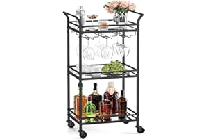 VASAGLE Bar Cart, Home Bar Serving Cart, Small Bar Serving Cart with 3-Tier Shelf, Wine Holders, Glass Holders, Mini Bar Cart
