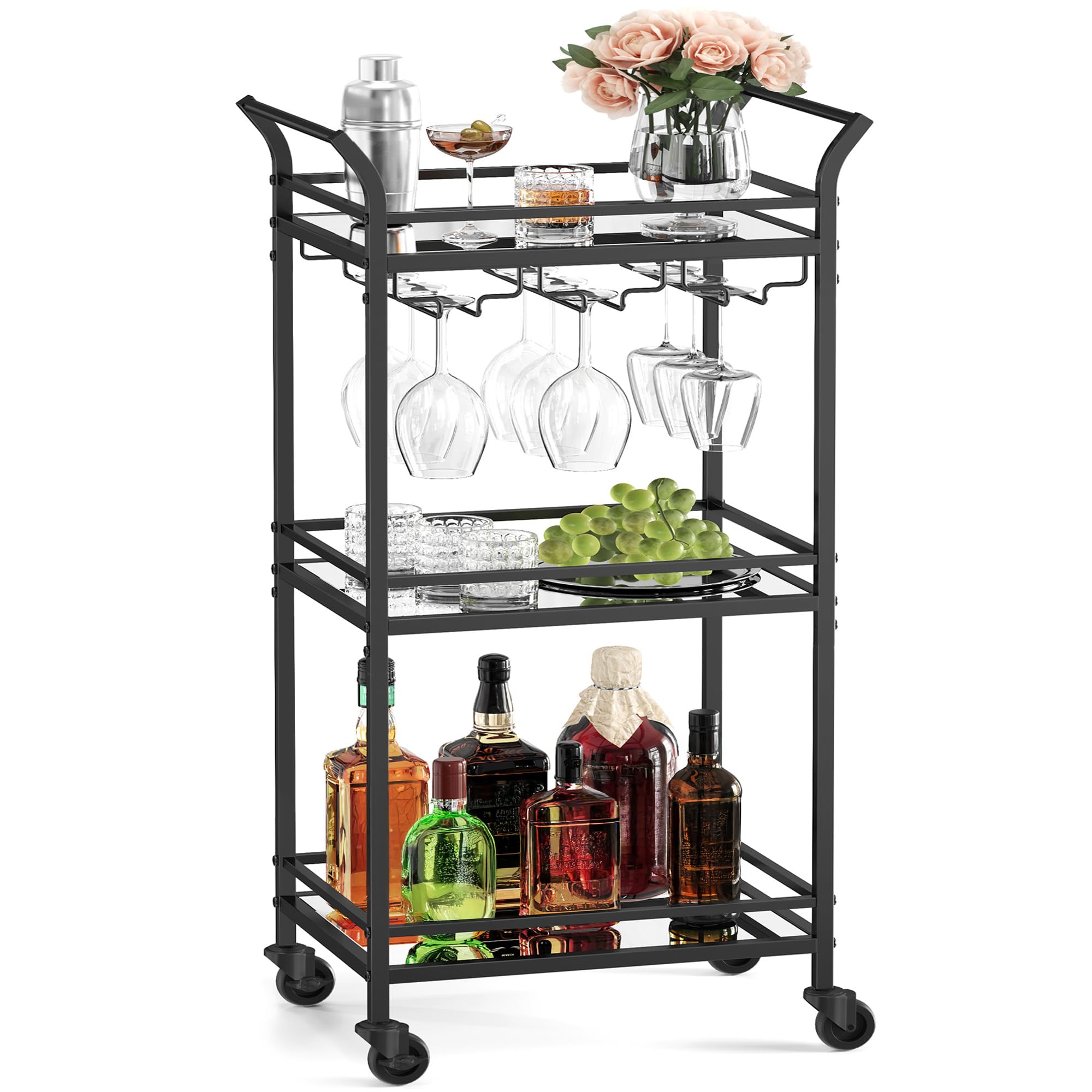 VASAGLE Bar Cart, Home Bar Serving Cart, Small Bar Serving Cart with 3-Tier Shelf, Wine Holders, Glass Holders, Mini Bar Cart for Small Spaces, Kitchen, Dining Room, Living Room, Ink Black Image