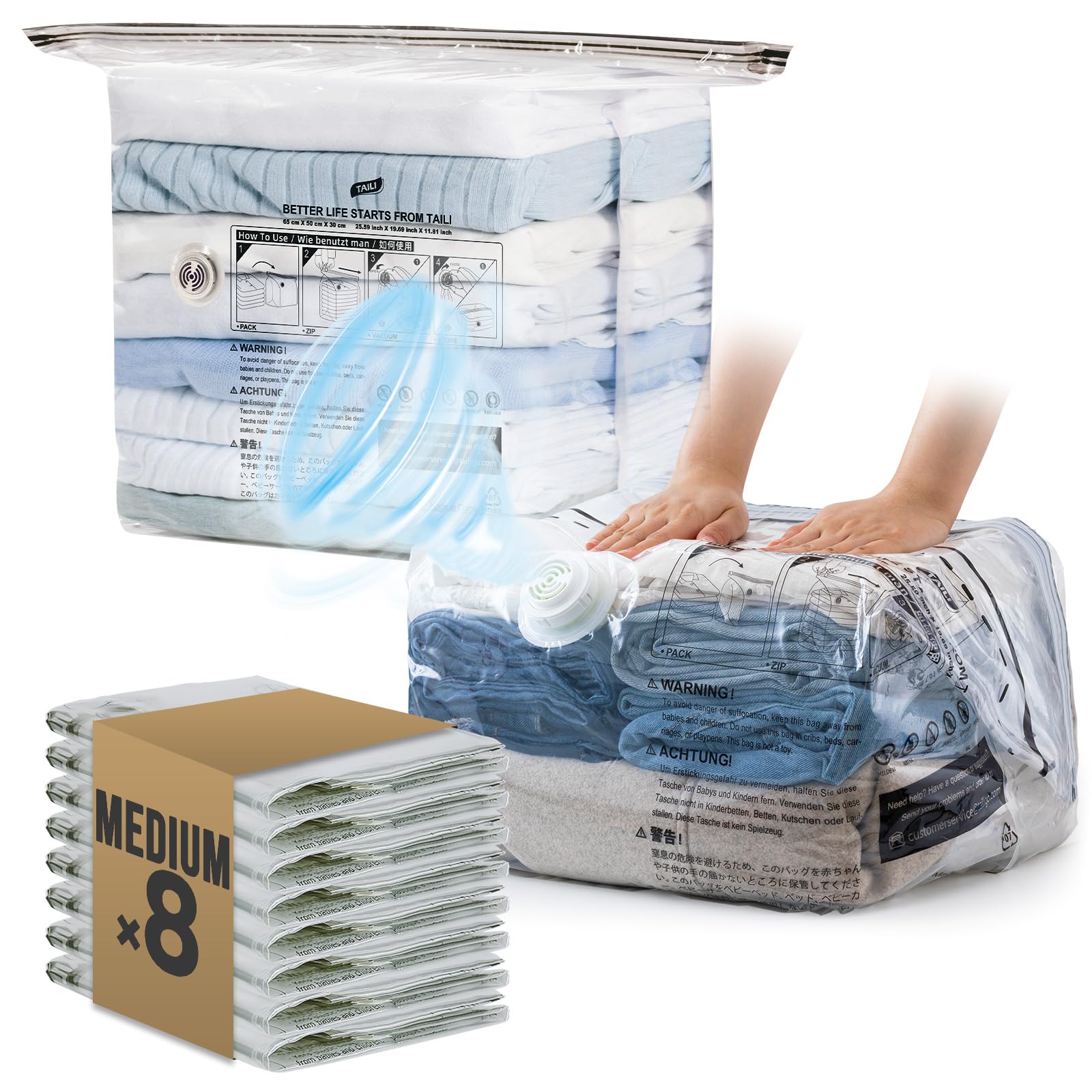 Photo 1 of TAILI Travel Vacuum Storage Bags, Medium Cube (25x19x11 inch), 8 Pack Vacuum Seal Bags for Clothing, Compression Packing for Clothes, Blankets, Baby Clothes, No Pump Needed, Travel Accessories