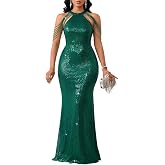 Cololura Women Sequin Halter Tassel Mermaid Formal Maxi Dress Evening Gown | Sexy Elegant Gala Dress, Cold-Shoulder Cutouts, Draped Chain Detail for Prom, Masquerade, Black-Tie, Cocktail Events