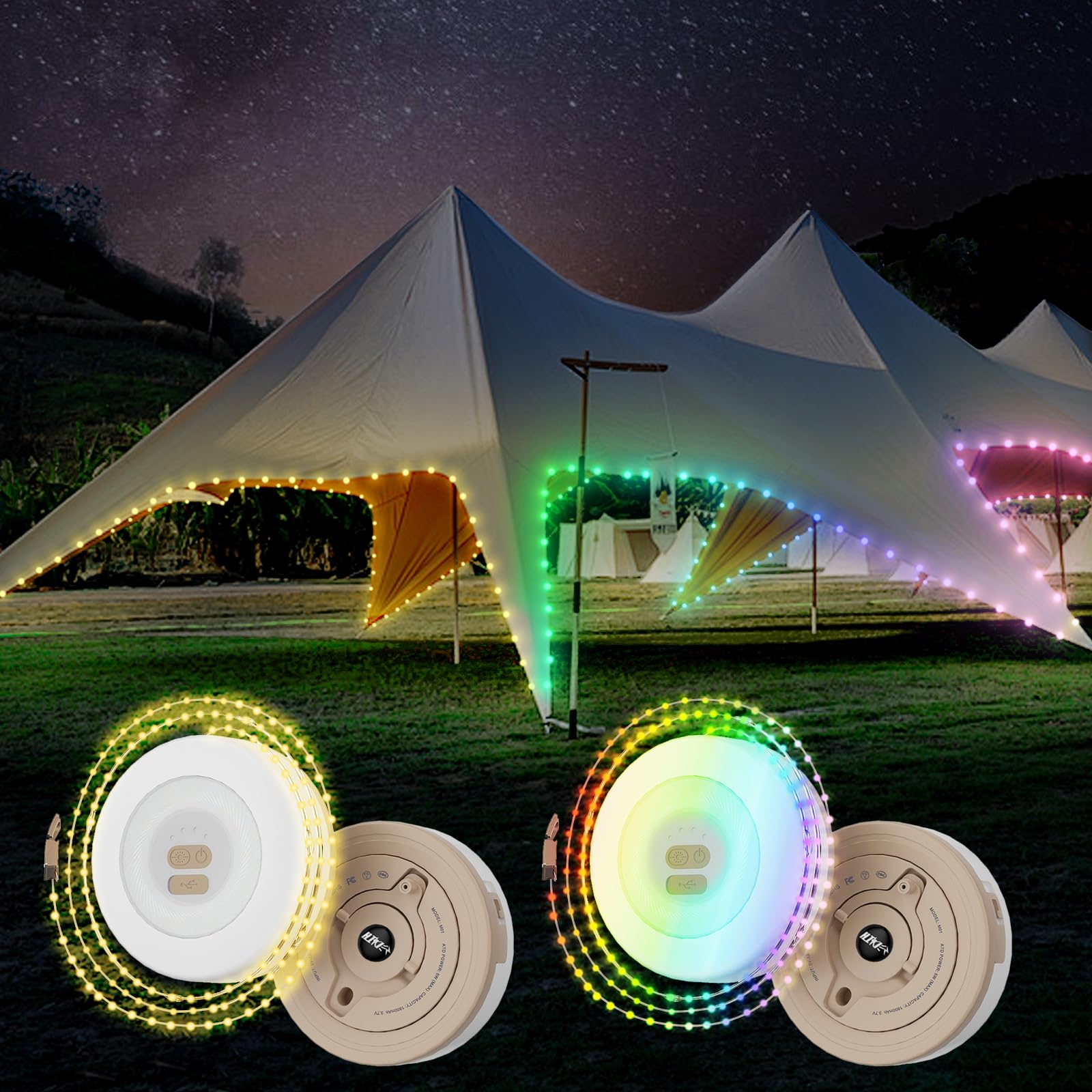 2 Pack Portable Camping String Lights - Waterproof Outdoor Rechargeable Camping LED Lantern for Tent, 10M Stowable RGB & Warm Led String Lights for Campsite, Awning, Bedroom, Backyard, Kids Play Area