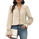 JJDreams Womens Long Sleeve Ruffle V Neck Blouse Ruffles Trim Elastic Cuff Sleeve Shirt 2025 Fall Dressy Casual Tunic Top