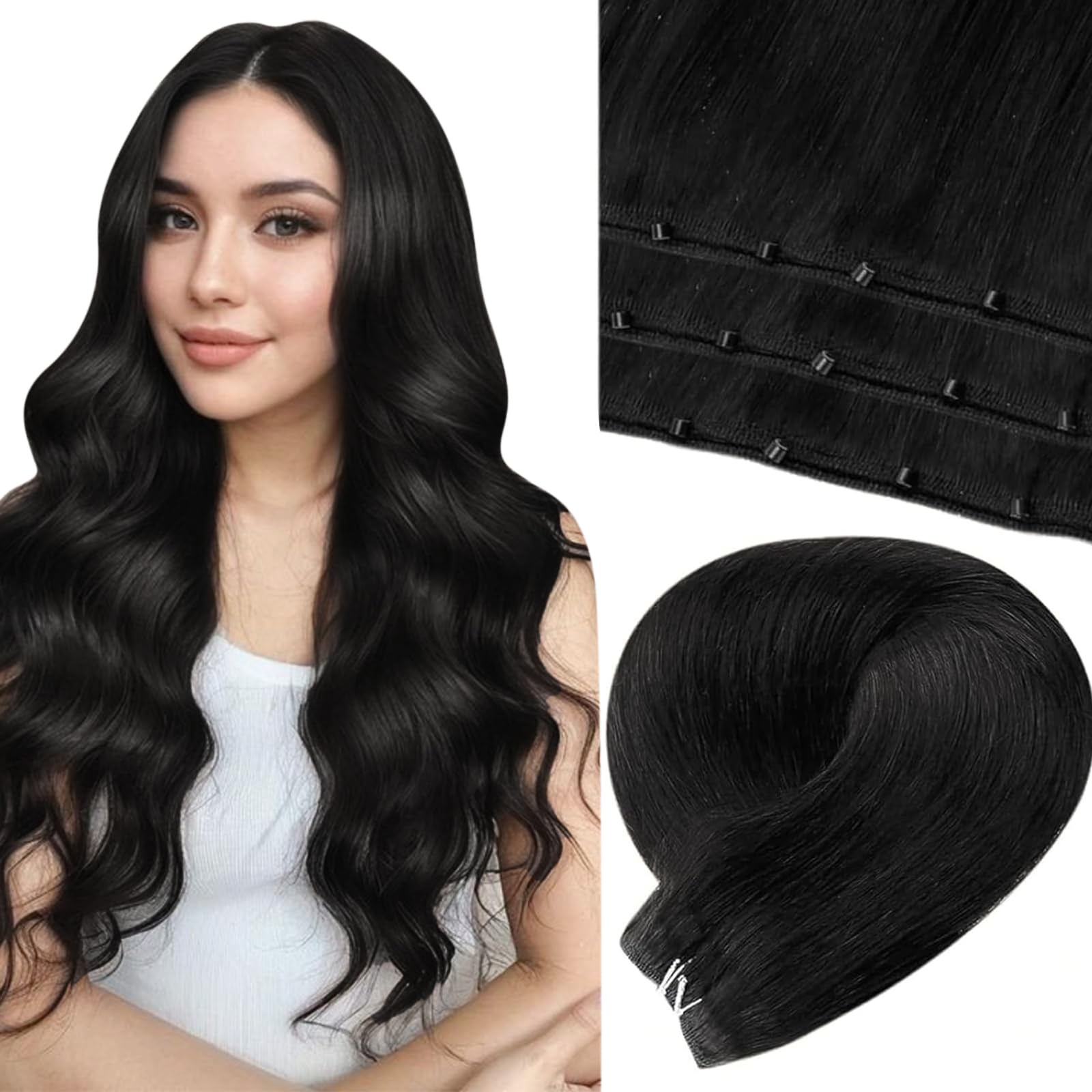 LaaVoo Beaded Weft Hair Extensions Black Weft Extensions Human Hair Bead Hair Extensions Real Human Hair #1 Black 20inch 50g
