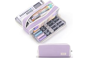CICIMELON Pencil Pen Case 3 Compartments Pencil Pouch Big Capacity Canvas Pen Bag Gift for Students Girls Boys Adults, Lilac