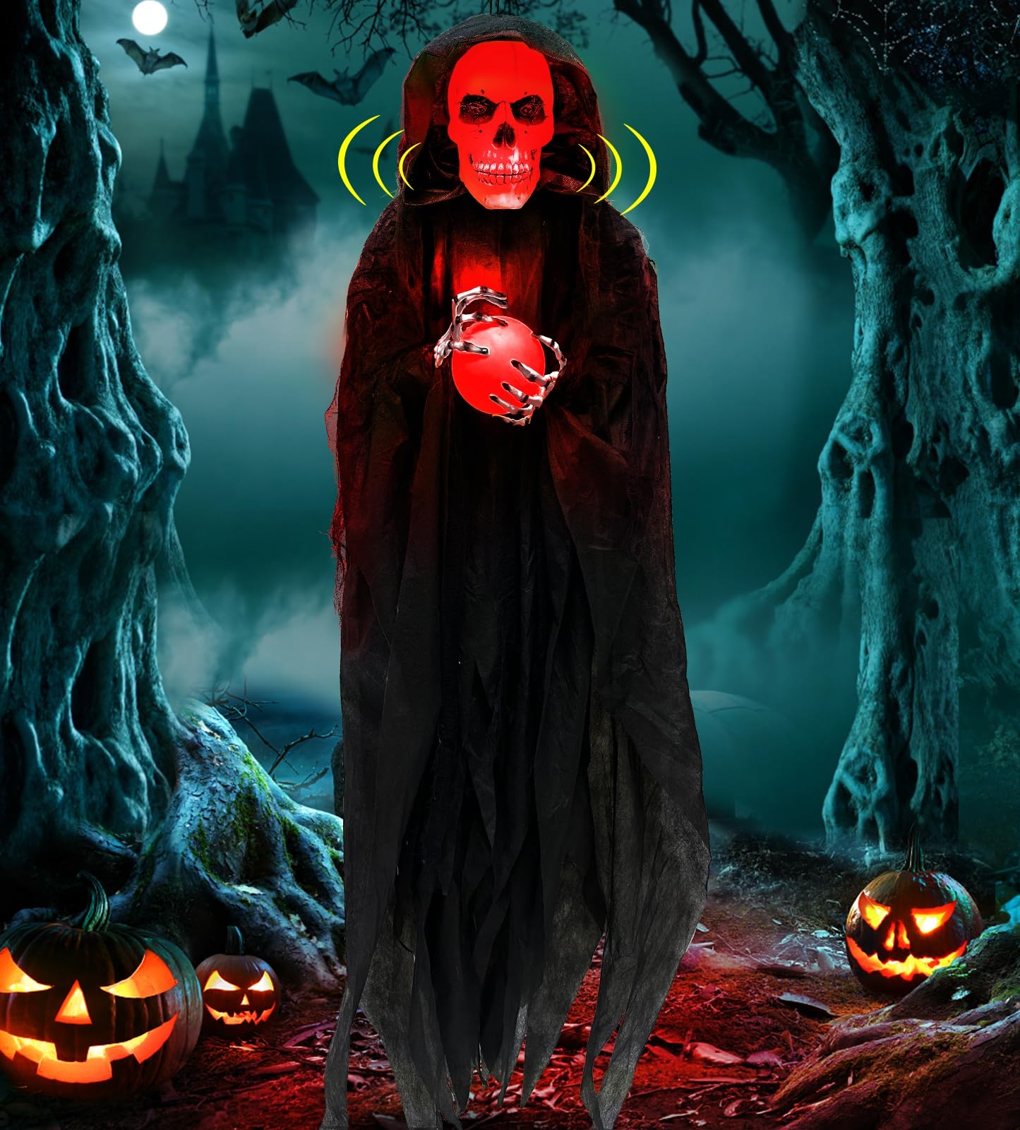 Photo 1 of [Sound Activated] 65" Hanging Skeleton Halloween Decorations Outdoor, Halloween Animatronic Grim Reaper Skull Ghost Flash Red Head Holds LED Crystal Ball Creepy Sound for Porch Haunted House Decor