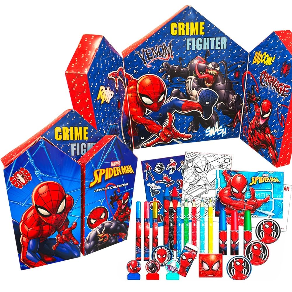 Marvel Amazing Spiderman Kinder-Adventskalender 2023, Weihnachtskalender für Kinder, gefüllt mit Malblättern, Schreibwaren 2023 mehrfarbig