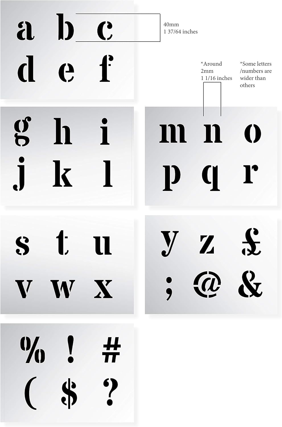 Dovetails Vintage Letter Stencil 40 mm Tall Roman Style Lower Case Letters and Symbols, off white, 6 sheets of 200 x 148mm - Image 3