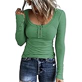 KINLONSAIR Women’s Long Sleeve Henley T Shirts Button Down Slim Fit Tops Scoop Neck Ribbed Knit Shirts
