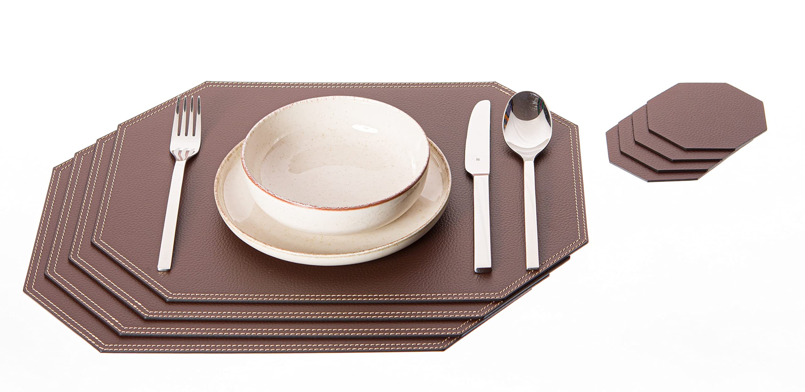 Nikalaz Octagon Placemats and Coasters Set of 4, Recycled Leather Place mats, Table mats, 4 placemats 40 * 30cm, 4 coasters 10 * 10cm (Brown)
