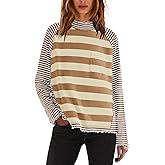 Panadila Womens Long Sleeve Striped Shirts Turtleneck Raglan Shirt Cute Color Block Tunic Tops Loose Pullover Top