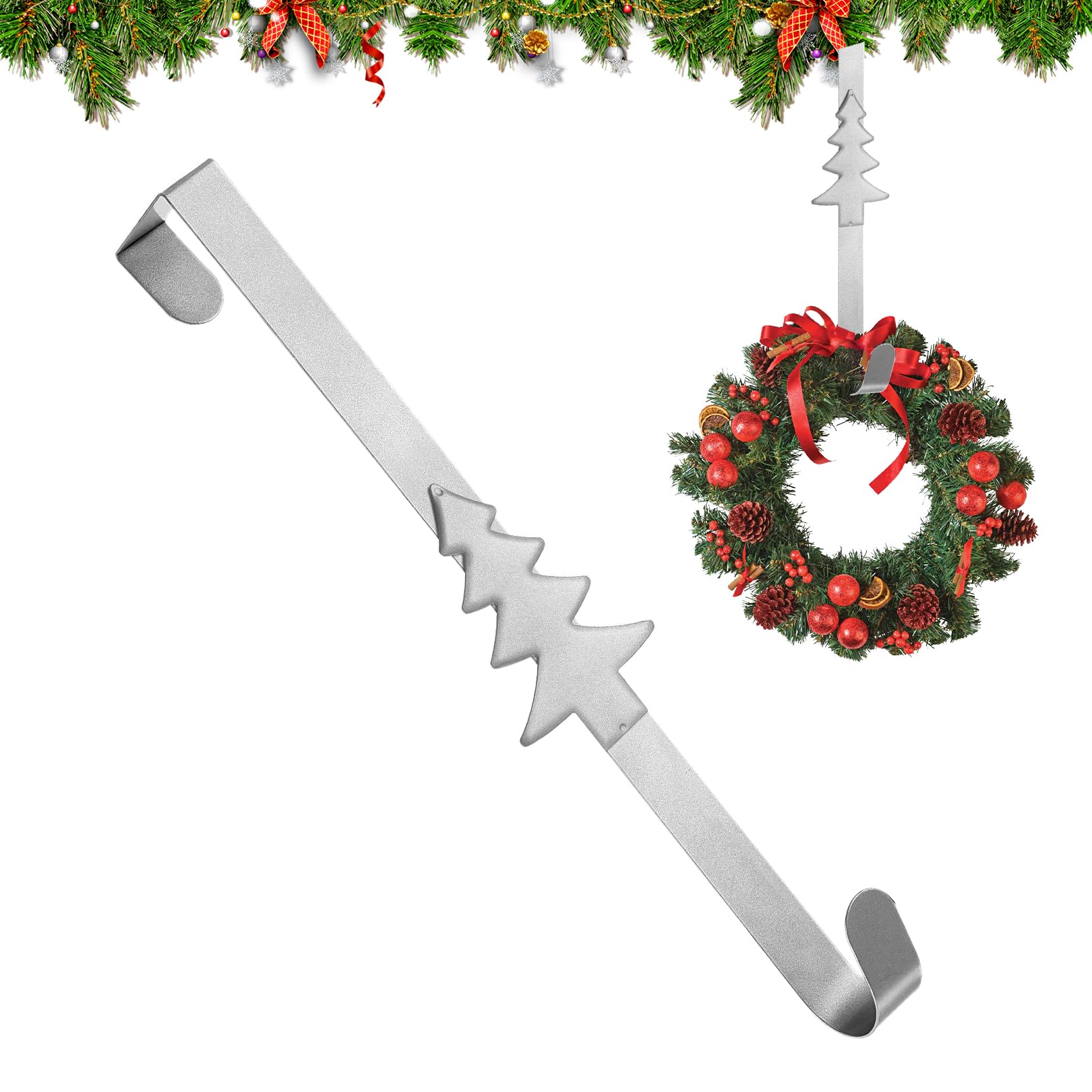 Wreath Hanger for Front Door Wreath Hanger,Christmas Wreath Hanger Wreaths,30 Cm Metal Christmas Tree Decor Hooks Wreath Hook for Front Door Decoration Christmas Decorations Home Wall Garland (Silver)