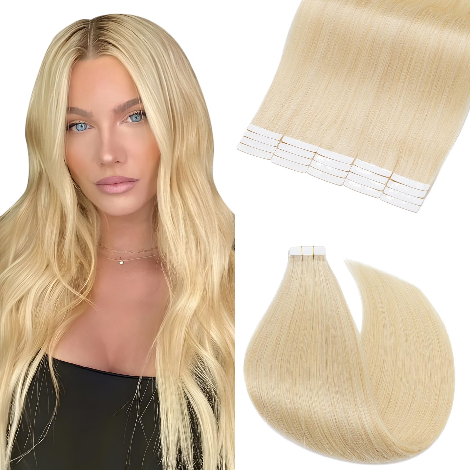 Elailite Tape in Hair Extensions Real Human Hair 20 Pcs 40g - Remy Real Hair Seamless Skin Weft Extension Straight (#613 Bleach Blonde, 14 Inch) — image 1