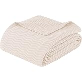 Superior JENA Cotton Blanket, for Picnic, Beach, Traveling or Camping, Bedroom Decor, Essentials, Cover for Bed, Couch, Lounging, Textured Jacquard, Modern Chevron Woven Blanket, Throw, Ivory