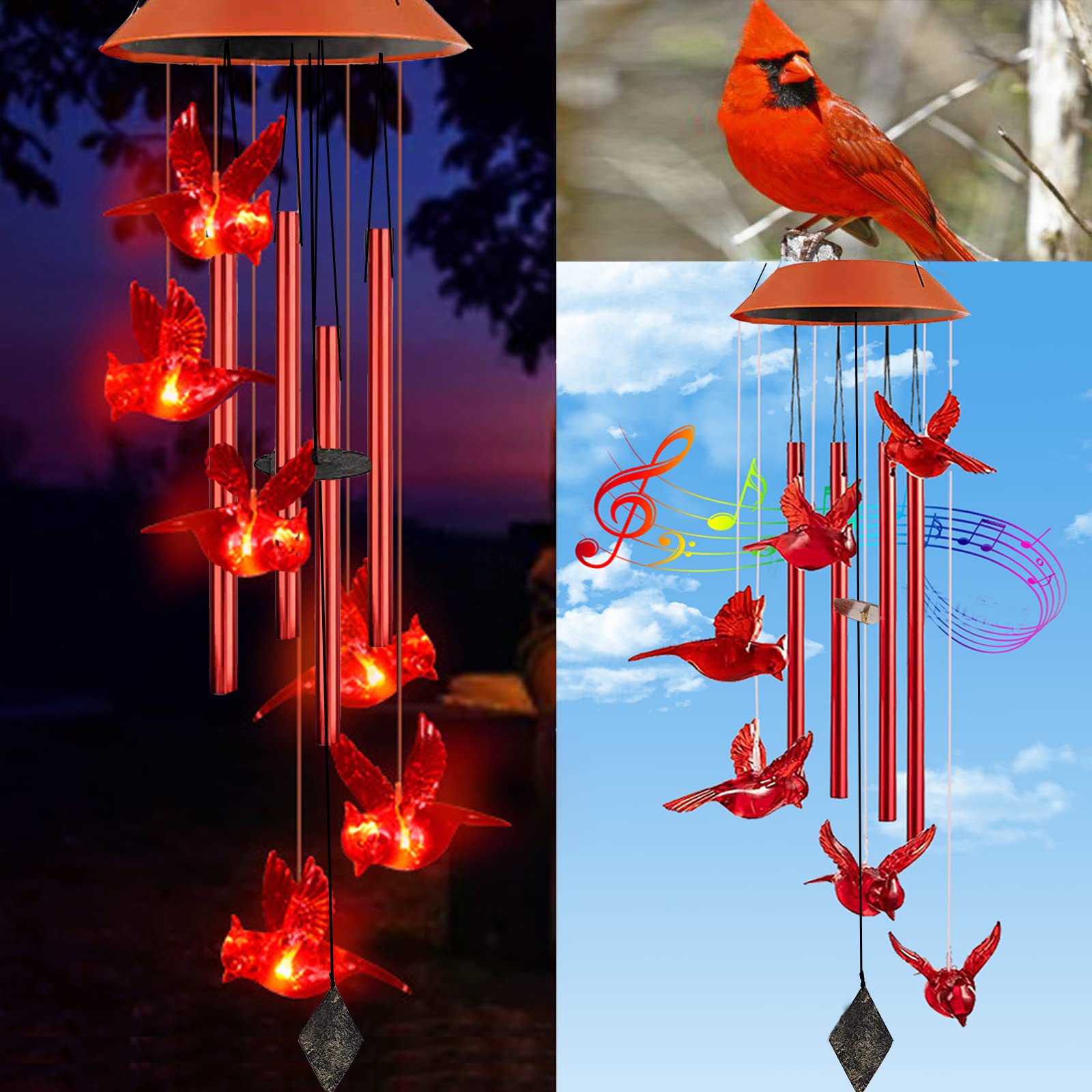 Photo 1 of Cardinal Wind Chimes, Red Cardinal Bird Solar Windchimes Outdoor, Red Bird Garden Decor, Sympathy Wind Chimes,Memorial Gift,Mothers Day for Grandma,Sister Gifts for Women,Friend Birthday Gift