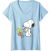 Womens Peanuts - Snoopy Woodstock Easter Egg Painting V-Neck T-Shirt