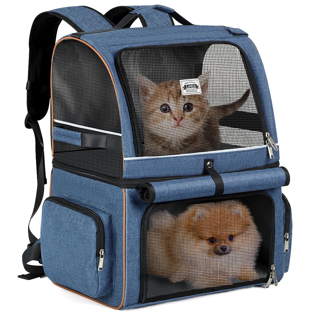 Photo 1 of Lekebobor Cat Backpack Carrier for 2 cats, Double-Compartment Pet Carrier Backpack for Two Small Cats or One Medium Dogs, Cats Carrier Backpack Dog Carrier Backpack Fits Up to 24 Lbs Dog Bakcpack,Navy