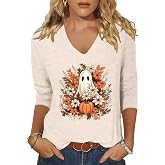 Fall Halloween 3/4 Sleeve V Neck Shirt for Women Funny Doodles Spooky Season Family Party Matching Casual Tops