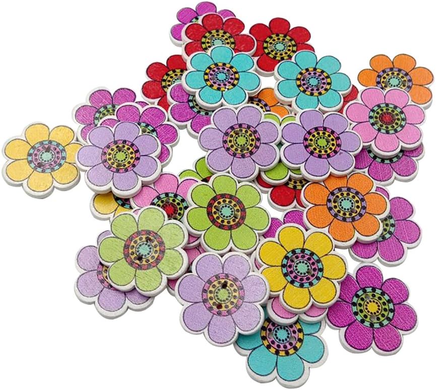 perlo33ER 100 Pcs Lovely Sunflower Two Holes Wooden Button DIY Handmade Sewing Decors Craft Button For Decorative Sewing Process Random Color