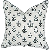 Jillien Harbor "The Beau” Floral Block Print Pillow Cover – Blue Decorative Throw Pillow Cover with White Background – Grandmillennial Home Decor, 20" x 20"