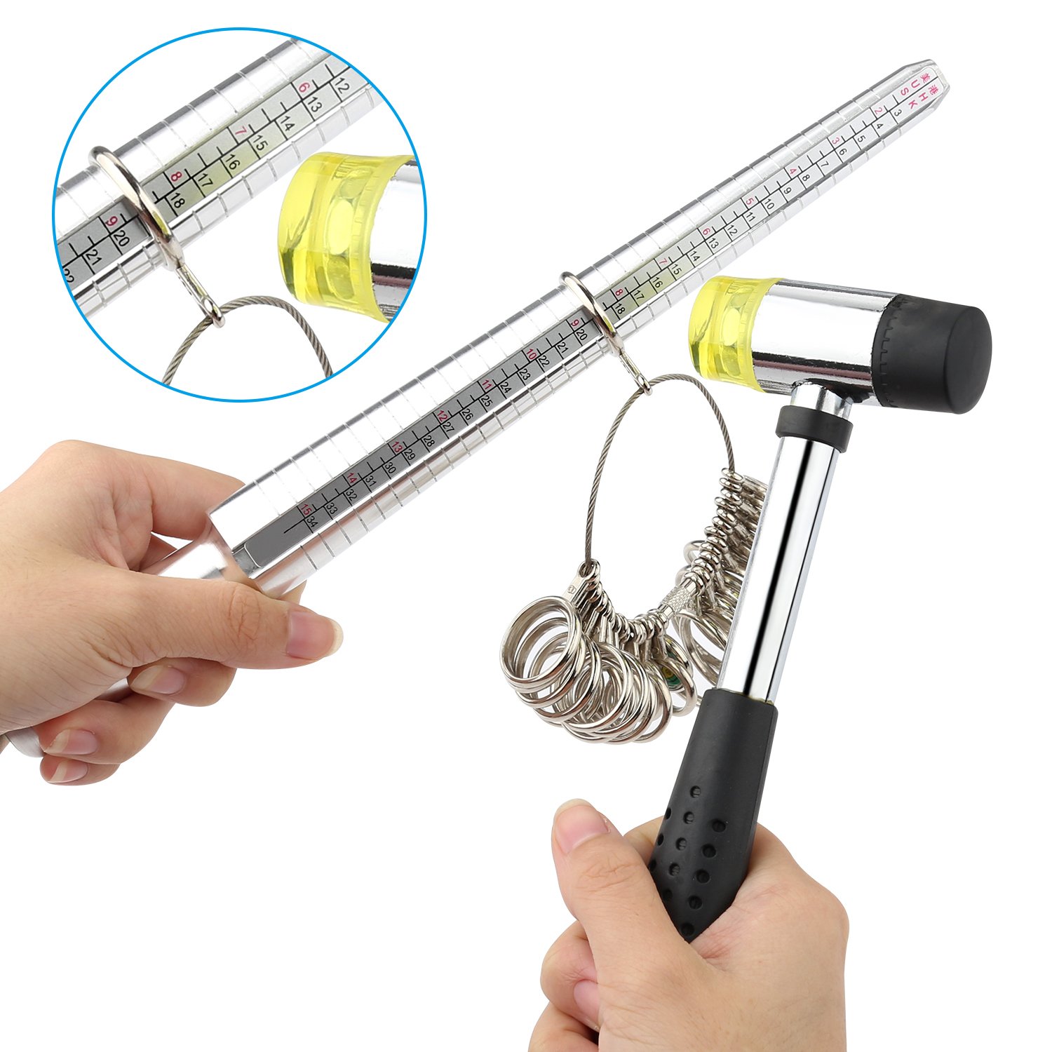 Accmor Ring Sizer Measuring Tool Including Ring Mandrel, Ring Gauge Finger Sizer & Rubber Jewelry Hammer, Metal Ring Measurement Maker Kit Ring Sizing Stick for Man Women Jewelry Making