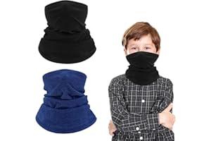 2 Pack Kids Neck Warmer Winter Fleece Neck Gaiter Cold Weather Face Ski Mask Scarfs for Boys Girls(Adjustable Solid Black+Blu