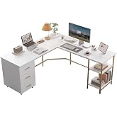 Techni Mobili 59" Two-Tone L‑Shaped Office Desk with Storage Shelves, Gold | 59" two‑tone L‑shaped desk with storage shelves, durable frame, modern corner workstation, spacious home office writing space