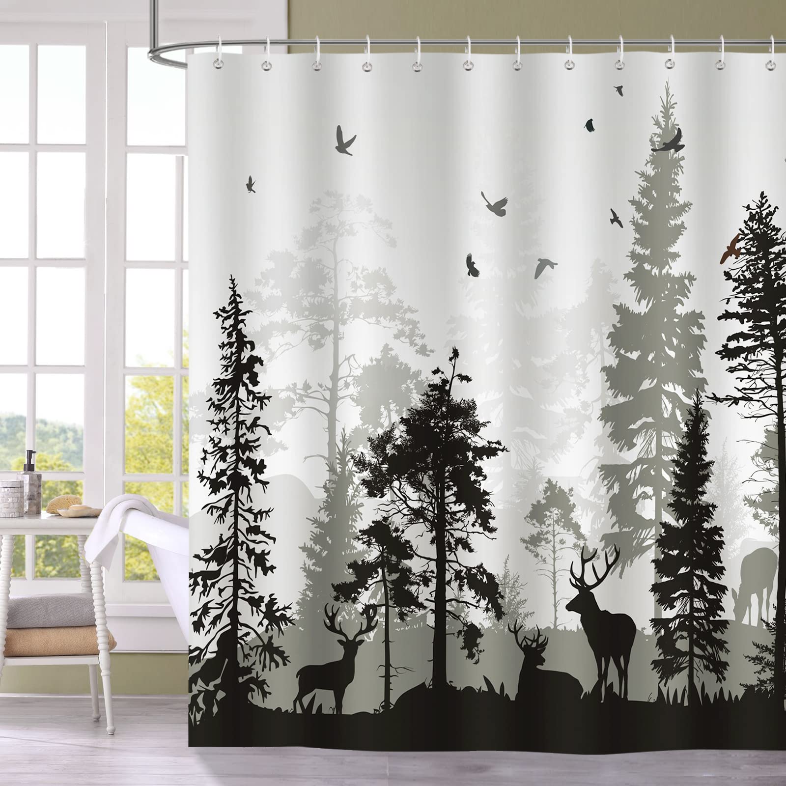 Bonhause Forest Deer Grey Shower Curtain 180 x 180 cm Pine Tree and Birds Bathroom Curtain Mildew & Mould Resistant Polyester Fabric Bath Curtain with 12 Hooks
