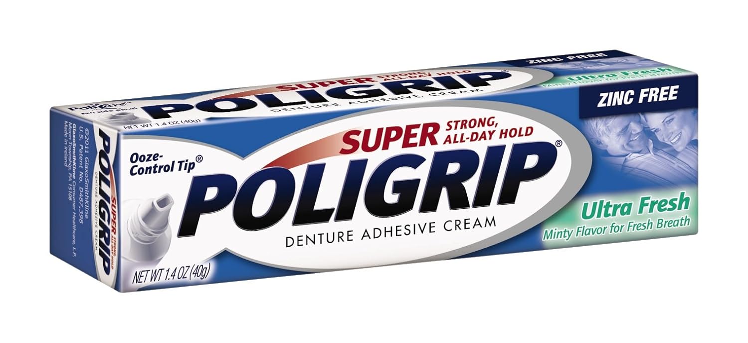 Super Poligrip Ultra Fresh Mint Flavor Zinc Free Denture Adhesive Cream, 1.4 ounce : Denture Adhesive Creams : Beauty