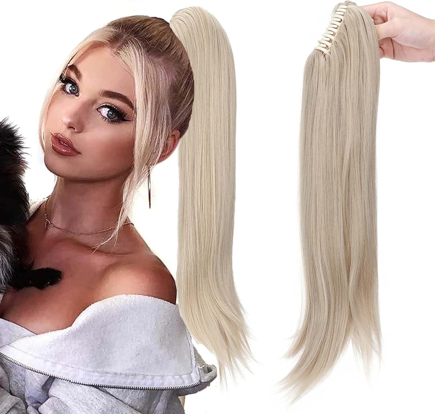 22" Ponytail Extension Long Curly Ponytail Hairpiece Clip in Claw Hair Extensions Natural Looking for Women Ash Blonde mix Bleach Blonde