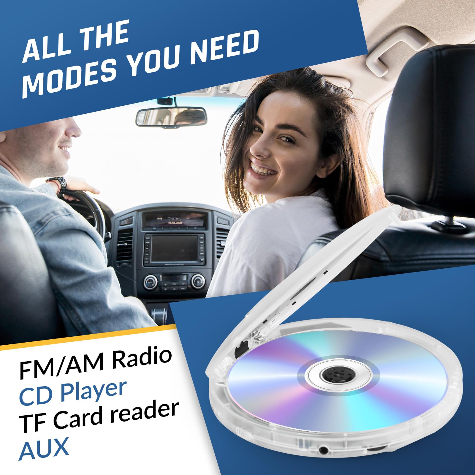 KLIM Discman Portable CD Player with Headphones, Built-in Battery - New - CD Players for Home, Car - Compatible w/SD Card CD CD-R CD-RW MP3 WMA - 5 EQ Effects - Walkman CD Player - Clear White