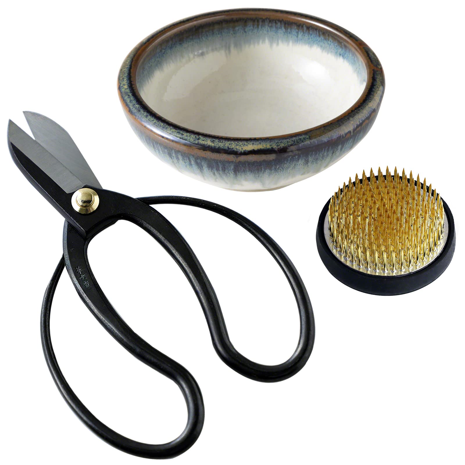 Wazakura Made in Japan Ikebana Floral Arrangement Kit. Koryu Scissors, Brass Kenzan, Minoyaki White & Blue Ceramic Flower Vase - Floral Shears, Bowl Vase and Kenzan Set