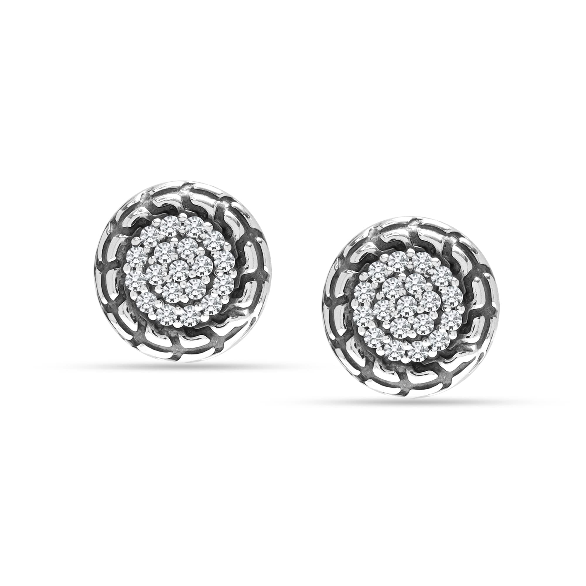 Charmsy 925 Sterling Silver Elegant 925 Sterling Silver Men's CZ Classic Round Antique Large Medium Stud Earrings for Women | Lightweight Silver Earrings Jewellery Gift for Women