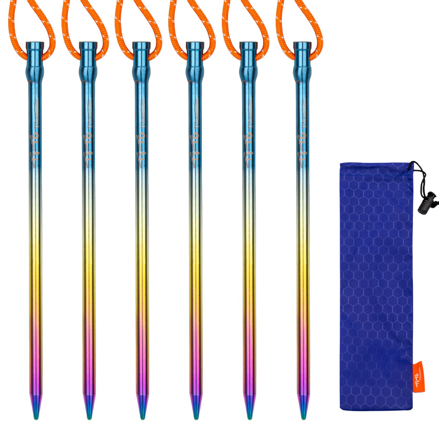 TiTo Titanium Outdoor Camping Straight Nail Pegs Stakes With Size 5mm/6mm Pack Of 6 (Colorful, Super 6.0×165)