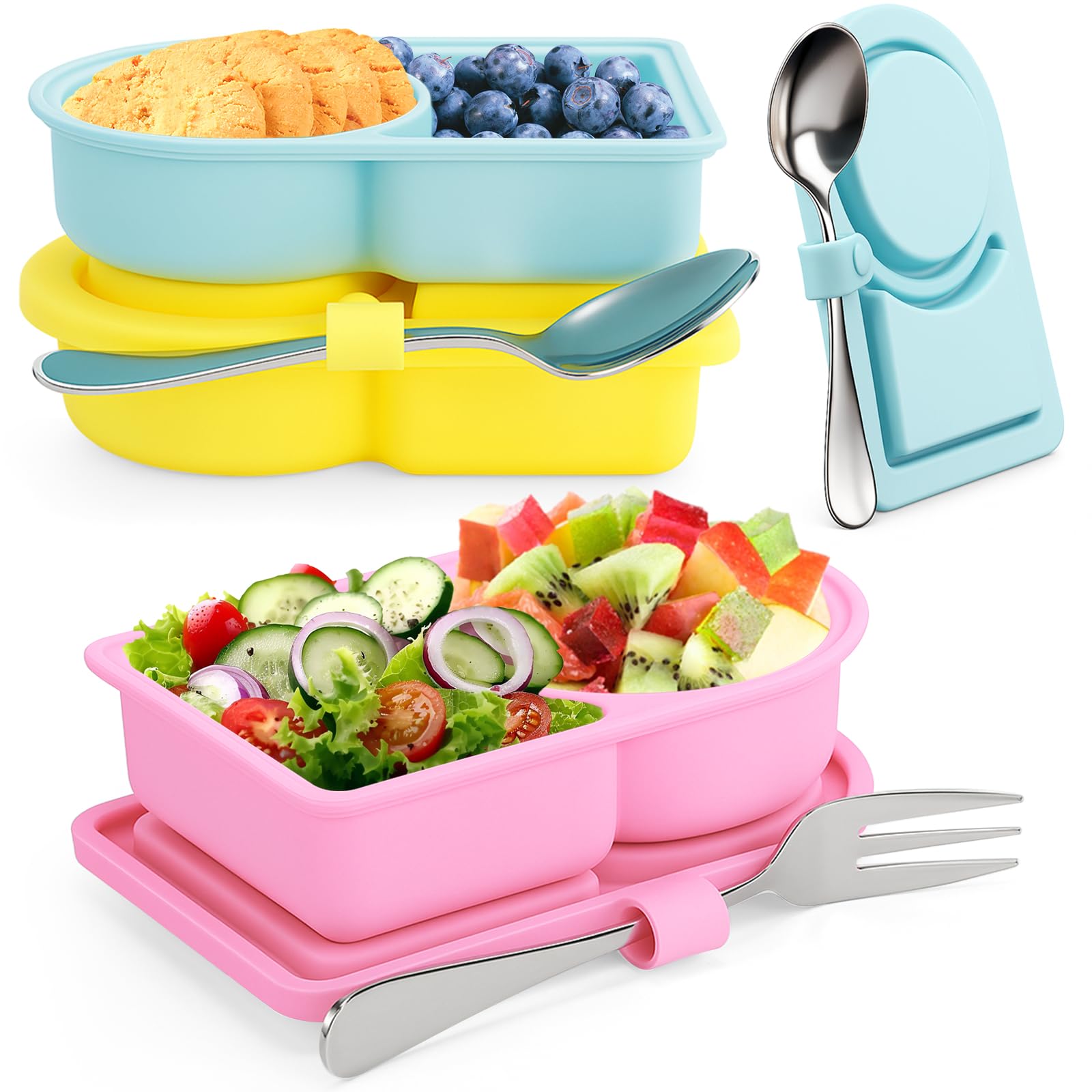 Photo 1 of ***MISSING 1 SPOON AND 1 FORK***Ebukur 3 Pack Silicone Reusable Snack Containers with Lids,Double Compartment Snack Box Container with 2 Spoons and 1 Forks, Small Mini Food Snack Boxs for Travel, Picnic, Office, School***MISSING 1 SPOON AND 1 FORK***