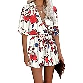 AIMCOO Women's Summer Deep V-Neck Floral Print Romper Ruffle Hem Half Flared Sleeve Jumpsuits Waist Tie Casual Short Rompers