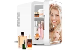 NISHCON Mini Fridge Skincare with Dimmable LED Light Mirror, 4L/6Can Mini Fridge for Skincare and Makeup, Cooler & Warmer, Portable Mini Fridge for Bedroom, Office, Dorm and Car, White