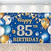 85 Birthday Decorations Happy 85th Birthday Backdrop Banner Blue Gold Large Size Banner Triangle Flag Balloons Booth Background Deco for Women Men 85 Years Old Anniversary Party Supplies Photo Prop