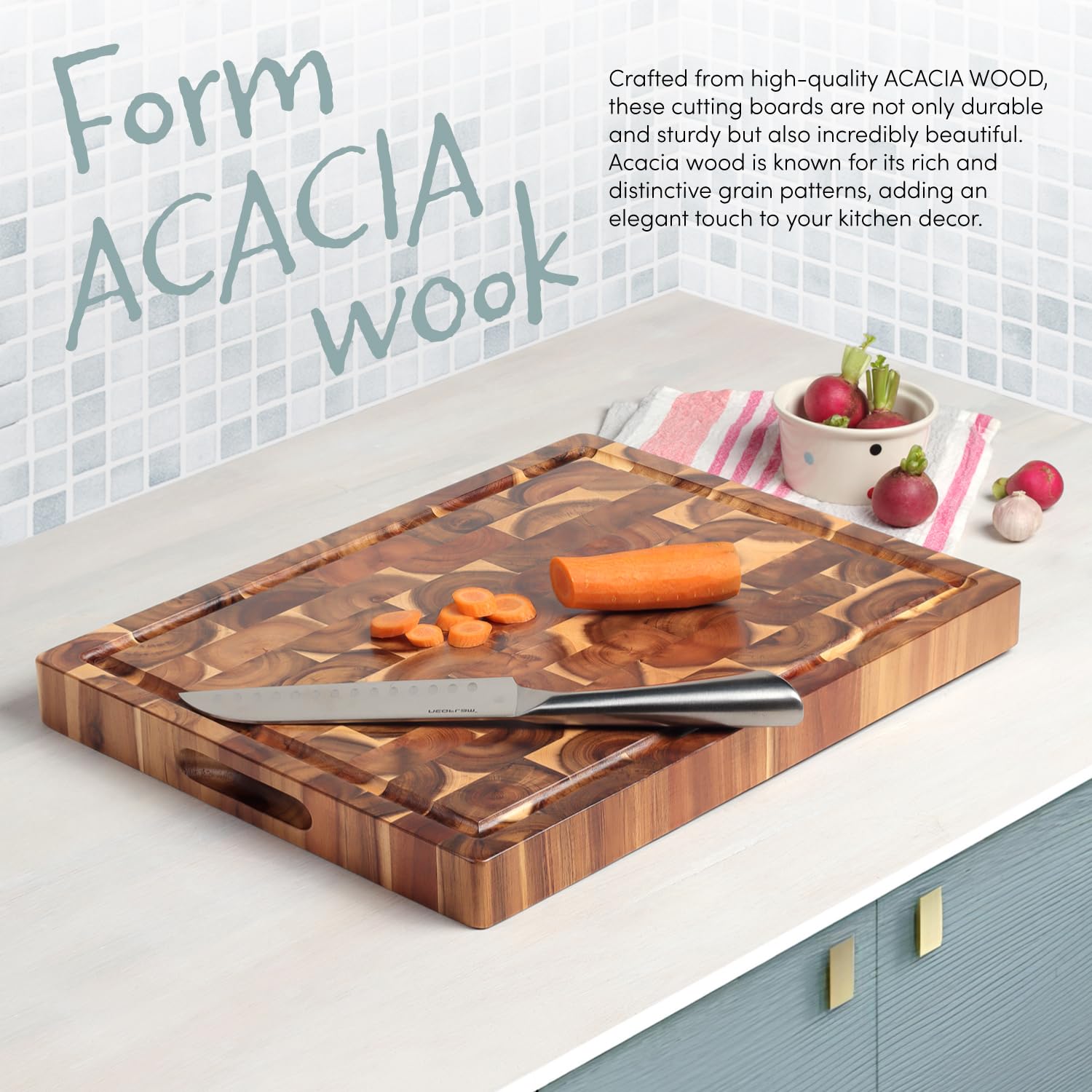 Acacia End Grain Cutting Board (17x13x1.5in), Butcher Block - Reversible Multipurpose Chopping Board with Juice Groove, Cracker Holder & Inner Handles