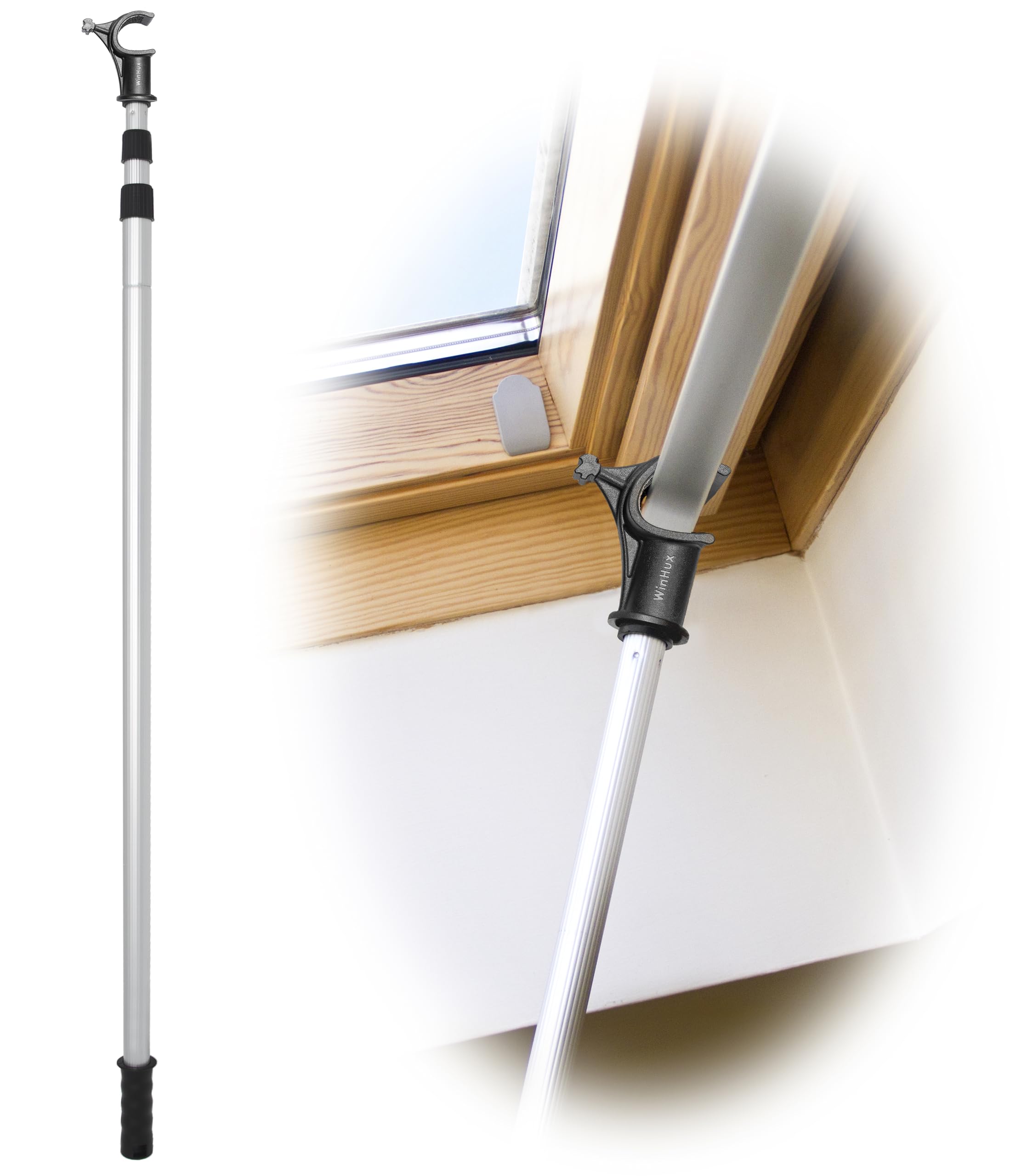WinHux 1.2-3.0 Metre Telescopic Twist Lock Window Pole Rod Opener Designed to be Compatible with Velux Top Bar Windows and Blind Handle Bars, Skylight Opener Rod with Non Slip Hook