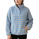 SeeLuNa Checkered Fleece Sweatshirt for Women Long Sleeve High Neck Fuzzy Sherpa Hoodie Winter Plaid Pullover Top with Pocket(Blue,M)